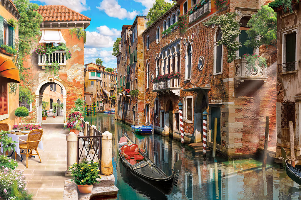 Venice canal with moored gondola Venice canal with moored gondola