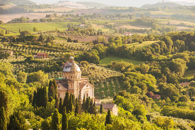 Church of San Biagio in Montepulciano surrounded by Tuscan countryside Church of San Biagio in Montepulciano surrounded by Tuscan countryside