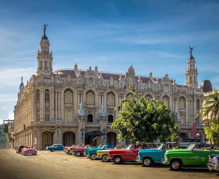 Vintage cars in front of the Gran Teatro de La Habana.