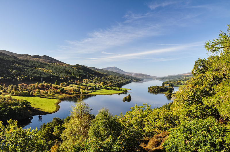Beautiful summer view across Loch Tummel seen from Queen's View, located near Pitlochry, Perthshire, Scotland, UK.