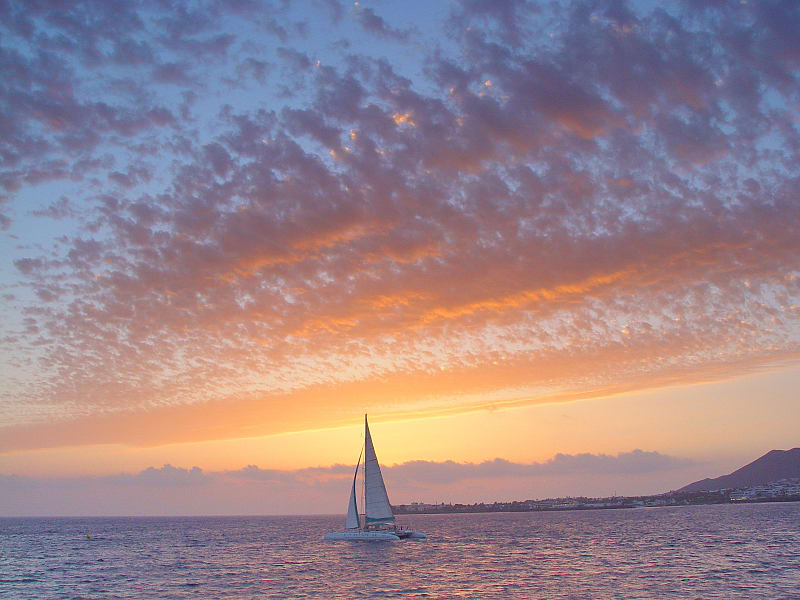 Catamaran sailing off the coast of Lanzarote.