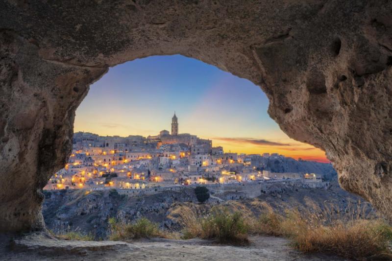 Medieval city of Matera in Southern Italy during a sunset tour