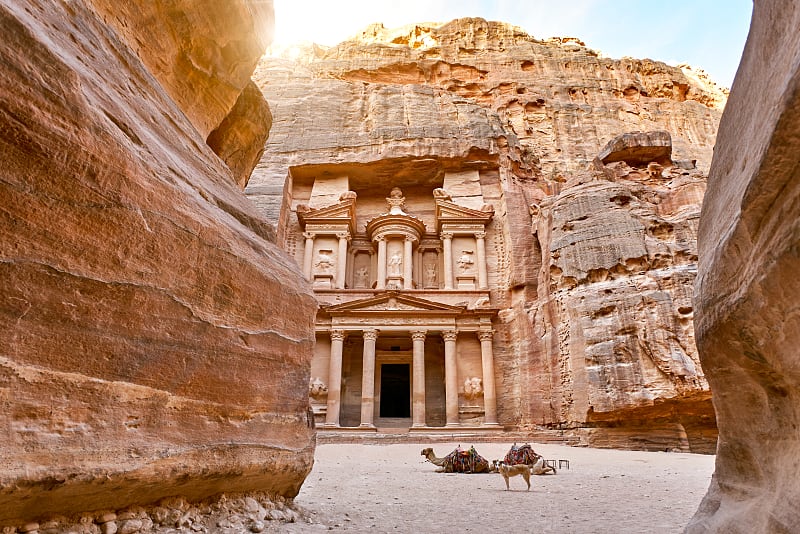 The temple-mausoleum of Al Khazneh in the ancient city of Petra in Jordan.